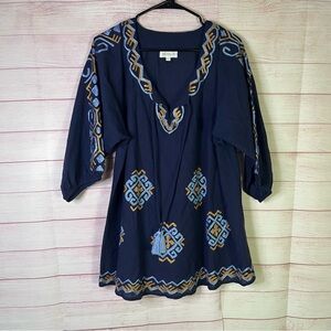 Naudic Navy‎ Blue Embroidered Tassel Tie Tunic Top Size Large